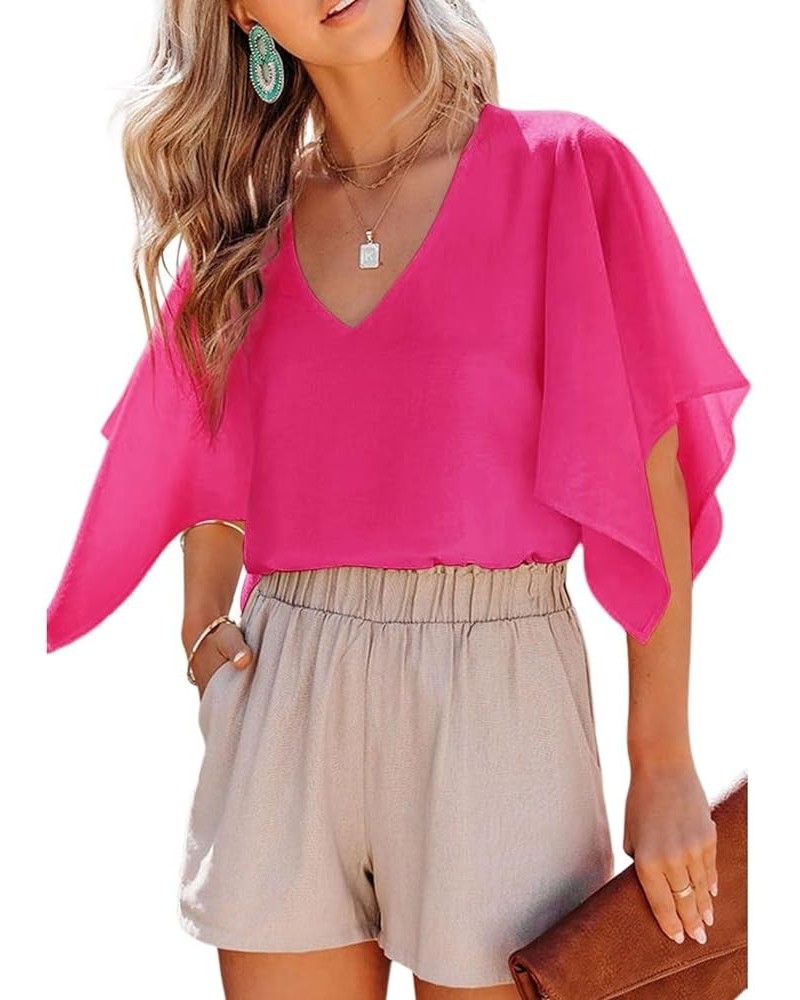 Women's Blouses Casual V Neck Ruffle Short Sleeve Summer Tops Shirts A Hot Pink $11.07 Blouses