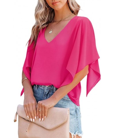 Women's Blouses Casual V Neck Ruffle Short Sleeve Summer Tops Shirts A Hot Pink $11.07 Blouses