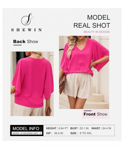 Women's Blouses Casual V Neck Ruffle Short Sleeve Summer Tops Shirts A Hot Pink $11.07 Blouses