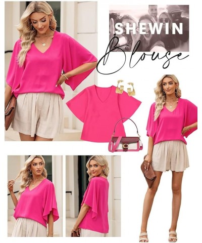 Women's Blouses Casual V Neck Ruffle Short Sleeve Summer Tops Shirts A Hot Pink $11.07 Blouses