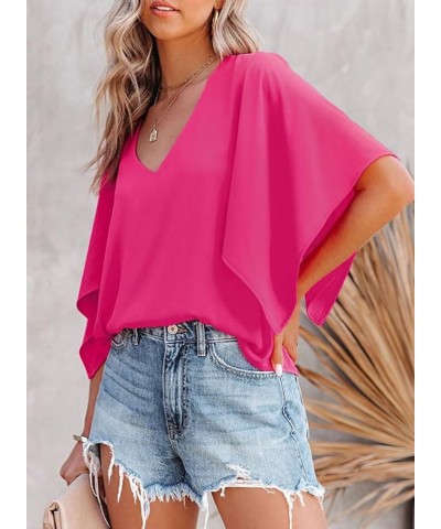 Women's Blouses Casual V Neck Ruffle Short Sleeve Summer Tops Shirts A Hot Pink $11.07 Blouses