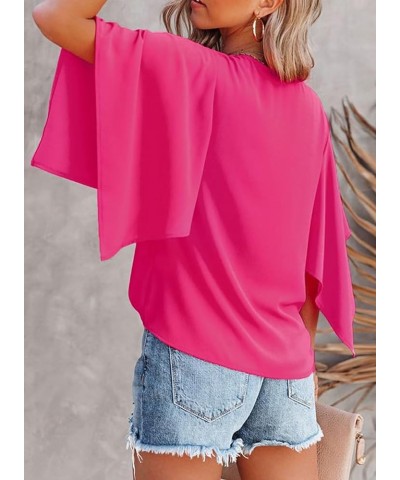 Women's Blouses Casual V Neck Ruffle Short Sleeve Summer Tops Shirts A Hot Pink $11.07 Blouses