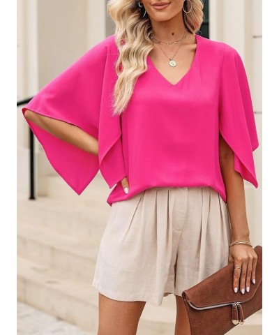 Women's Blouses Casual V Neck Ruffle Short Sleeve Summer Tops Shirts A Hot Pink $11.07 Blouses