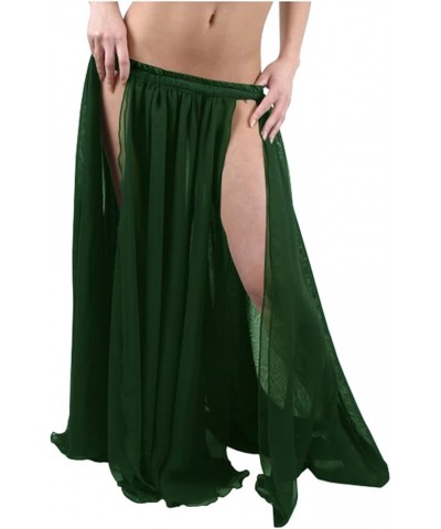 Women's Chiffon Panel Skirt Double Layer with 2 Front Slits Skirt Belly Dance Tribal Dark Green $25.95 Skirts