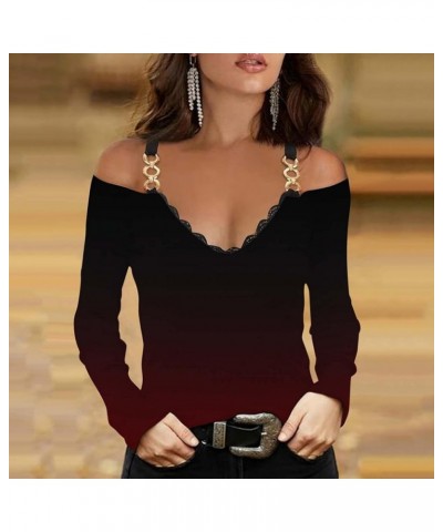 Womens Chain Spaghetti Strap Cold Shoulder Tops Long Sleeve V Neck Lace Blouse Shirts Gradient Printed Casual T Shirts New Dr...