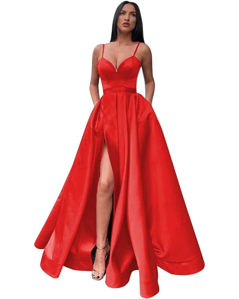 Women's Spaghetti Straps Split Satin Prom Dress Long Evening Party Dresses with Pockets Red $54.99 Dresses