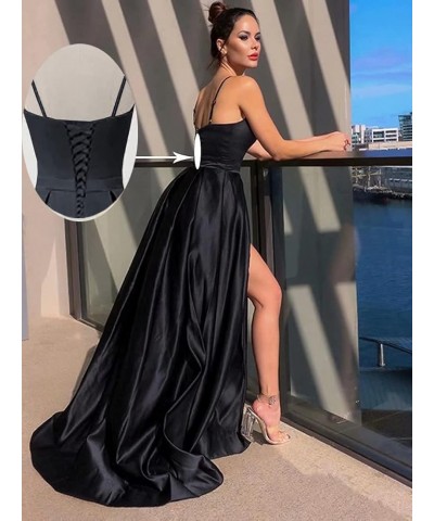 Women's Spaghetti Straps Split Satin Prom Dress Long Evening Party Dresses with Pockets Red $54.99 Dresses