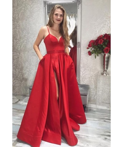 Women's Spaghetti Straps Split Satin Prom Dress Long Evening Party Dresses with Pockets Red $54.99 Dresses