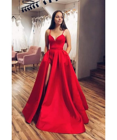 Women's Spaghetti Straps Split Satin Prom Dress Long Evening Party Dresses with Pockets Red $54.99 Dresses