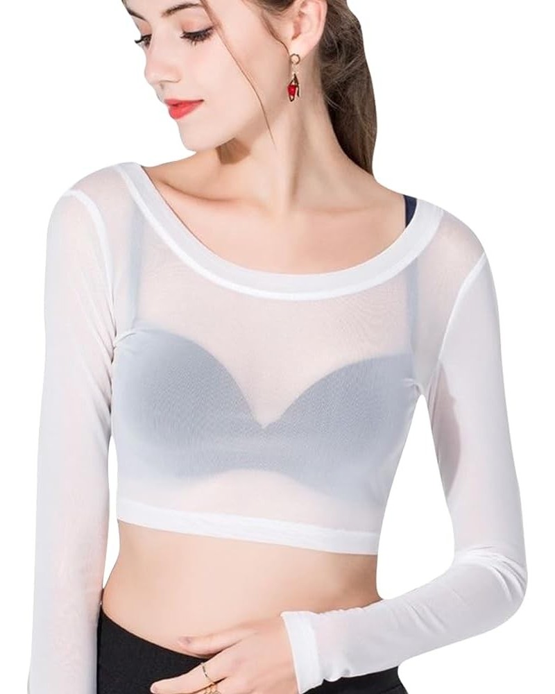 Women's Mesh Tops Black Sheer Net Shirt Long Sleeve Slim Fitted See Through Crop Tops White for Female 8064white $8.40 Bodysuits