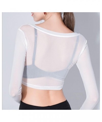 Women's Mesh Tops Black Sheer Net Shirt Long Sleeve Slim Fitted See Through Crop Tops White for Female 8064white $8.40 Bodysuits