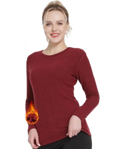 Thermal Tops for Women Fleece Lined Shirt Long Sleeve Base Layer V Neck Blushed Lining Crew Neck-wine Red $12.15 Underwear