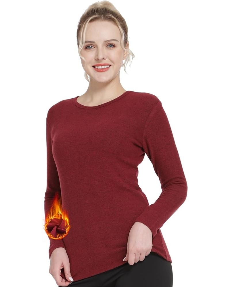 Thermal Tops for Women Fleece Lined Shirt Long Sleeve Base Layer V Neck Blushed Lining Crew Neck-wine Red $12.15 Underwear