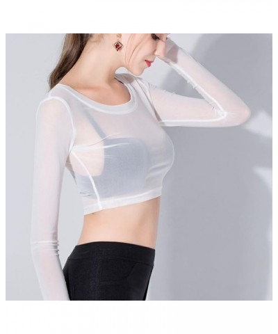 Women's Mesh Tops Black Sheer Net Shirt Long Sleeve Slim Fitted See Through Crop Tops White for Female 8064white $8.40 Bodysuits