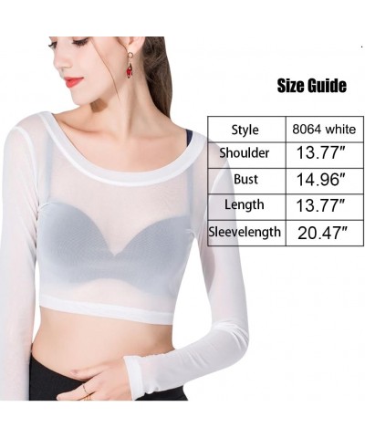 Women's Mesh Tops Black Sheer Net Shirt Long Sleeve Slim Fitted See Through Crop Tops White for Female 8064white $8.40 Bodysuits