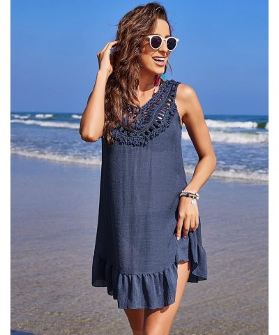 Women Sexy Coverups Crochet V-Neck Swimwear Sleeveless Pleated Hem Bikini Beach Sun Dress Navy Blue $14.74 Swimsuits