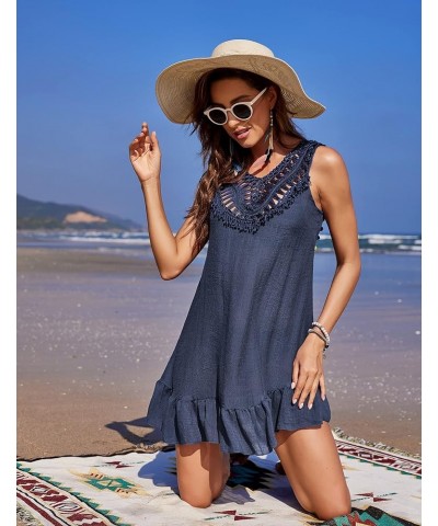 Women Sexy Coverups Crochet V-Neck Swimwear Sleeveless Pleated Hem Bikini Beach Sun Dress Navy Blue $14.74 Swimsuits