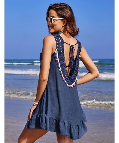 Women Sexy Coverups Crochet V-Neck Swimwear Sleeveless Pleated Hem Bikini Beach Sun Dress Navy Blue $14.74 Swimsuits