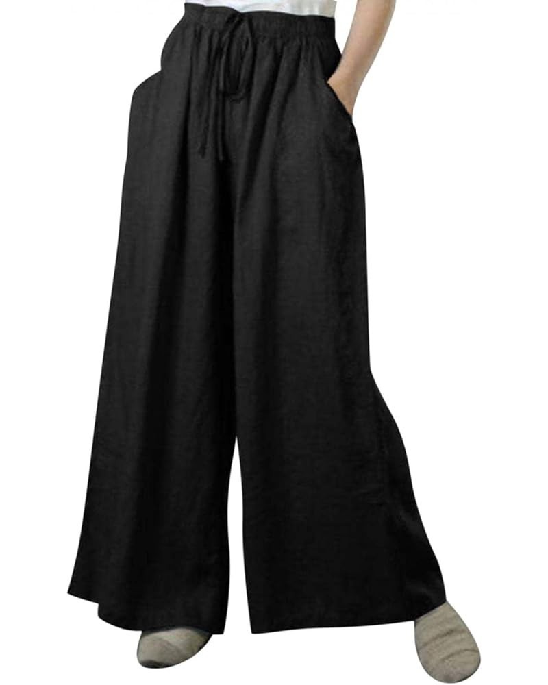 Women Wide Leg Pants Flowy Casual High Waisted Lounge Pants Plus Size Smocked Palazzo Pants Trousers with Pockets B Black $8....