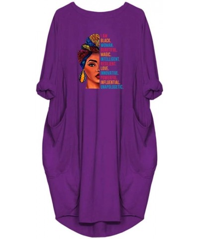 Black Woman Beautiful Magic Long Sleeve Loose Pocket Oversize Tunic Dress Purple $9.61 Dresses