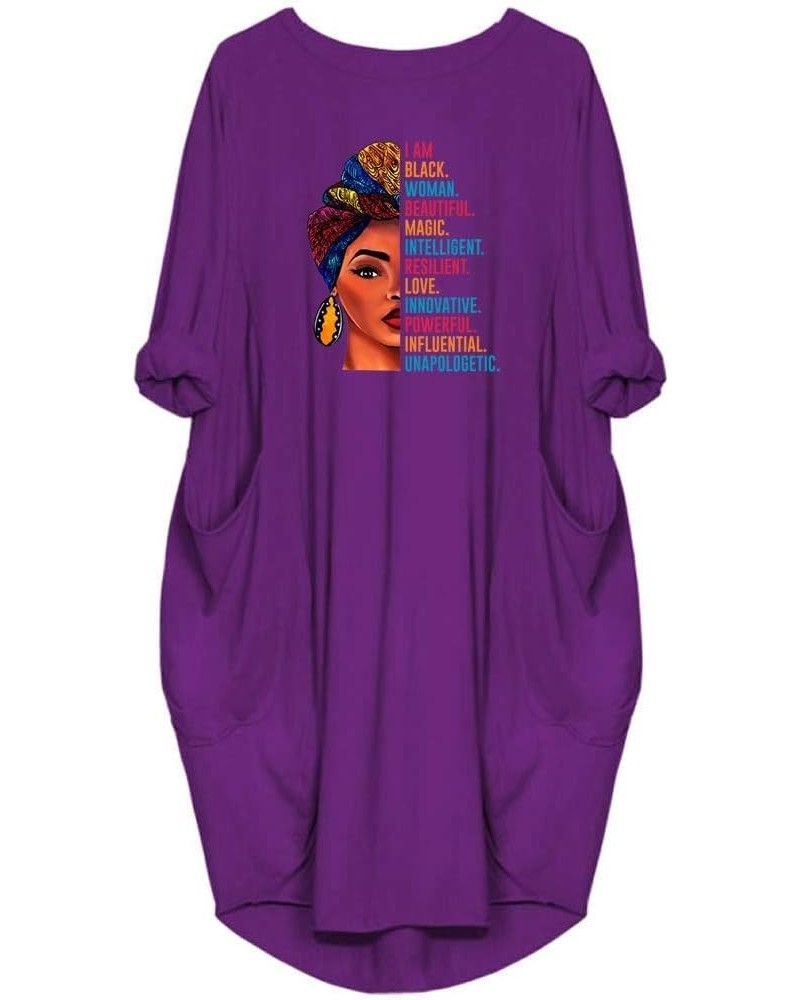 Black Woman Beautiful Magic Long Sleeve Loose Pocket Oversize Tunic Dress Purple $9.61 Dresses