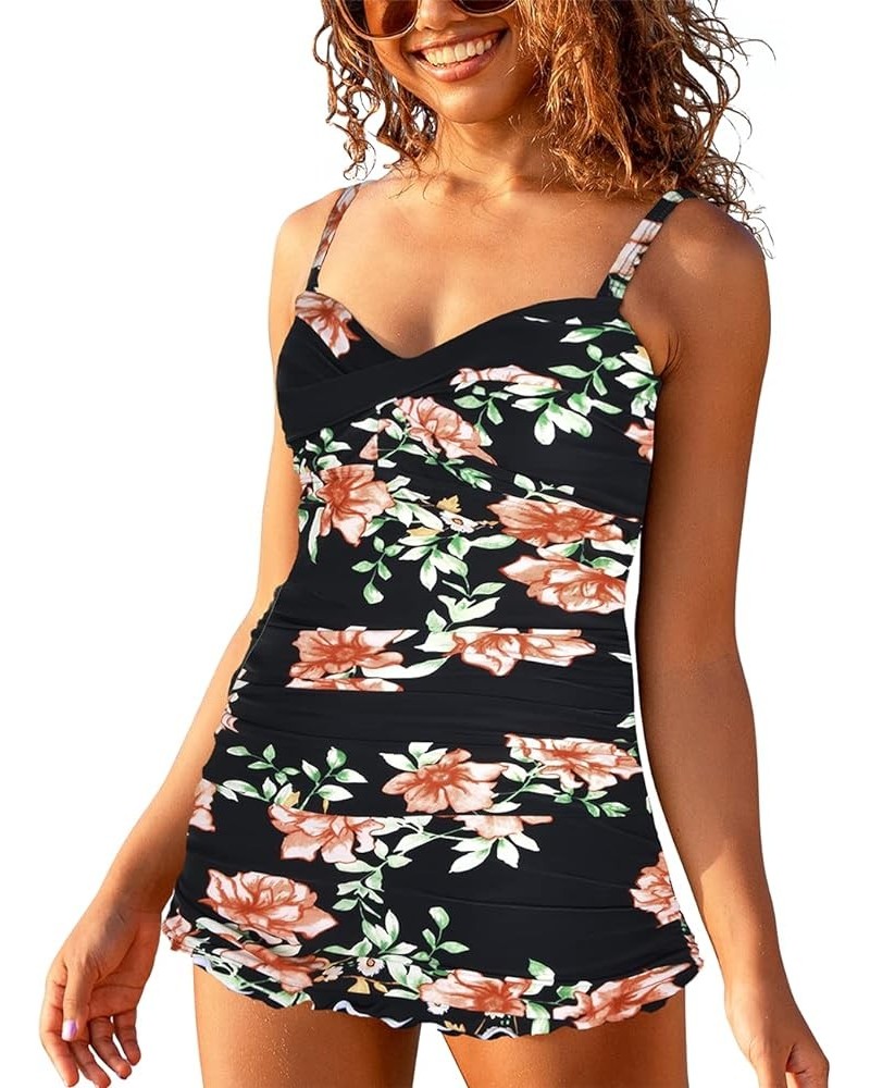 Women's One Piece Swimsuits Ruched Ruffle Swimdress Skirted Tummy Control Swimwear Black&orange Flowers $23.31 Swimsuits