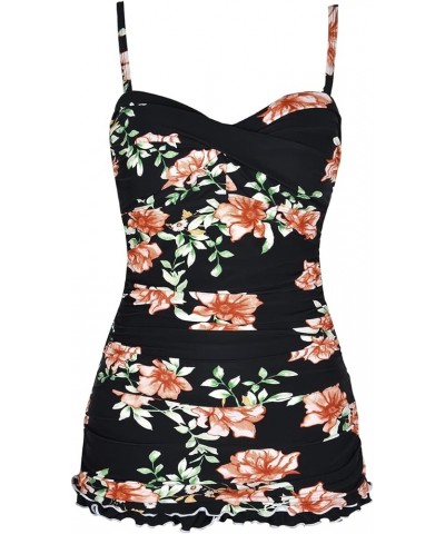 Women's One Piece Swimsuits Ruched Ruffle Swimdress Skirted Tummy Control Swimwear Black&orange Flowers $23.31 Swimsuits