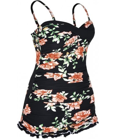 Women's One Piece Swimsuits Ruched Ruffle Swimdress Skirted Tummy Control Swimwear Black&orange Flowers $23.31 Swimsuits