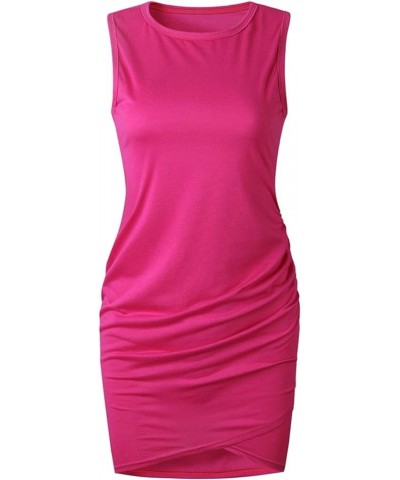 Women Mini Dress Summer Casual Slim Ruched Crew Neck Ruched Stretchy Bodycon T Shirt Cross Hem Short Mini Dress Hot Pink $3.3...