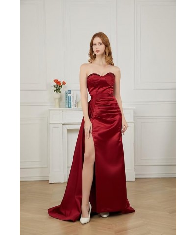 Strapless Satin Prom Dresses for Women Mermaid 2024 Long Sequin Ruched Formal Evening Gowns with Slit Peach $29.25 Dresses