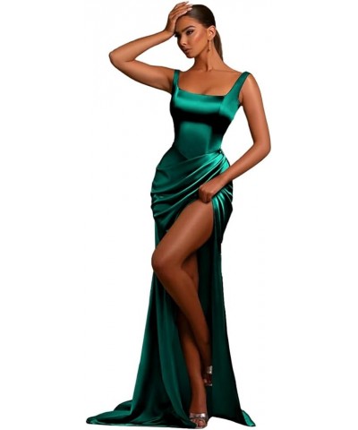 Women's Satin Prom Dresses Long with Slit Backless Mermaid Ruched Formal Evening Party Gowns for Teens Teal $41.59 Dresses