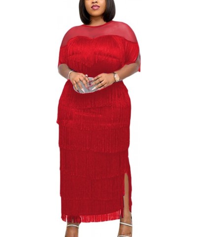 Women's Mesh See Through Crewneck Patchwork Tassel Tiered Fringe Long Dress Red $22.78 Dresses