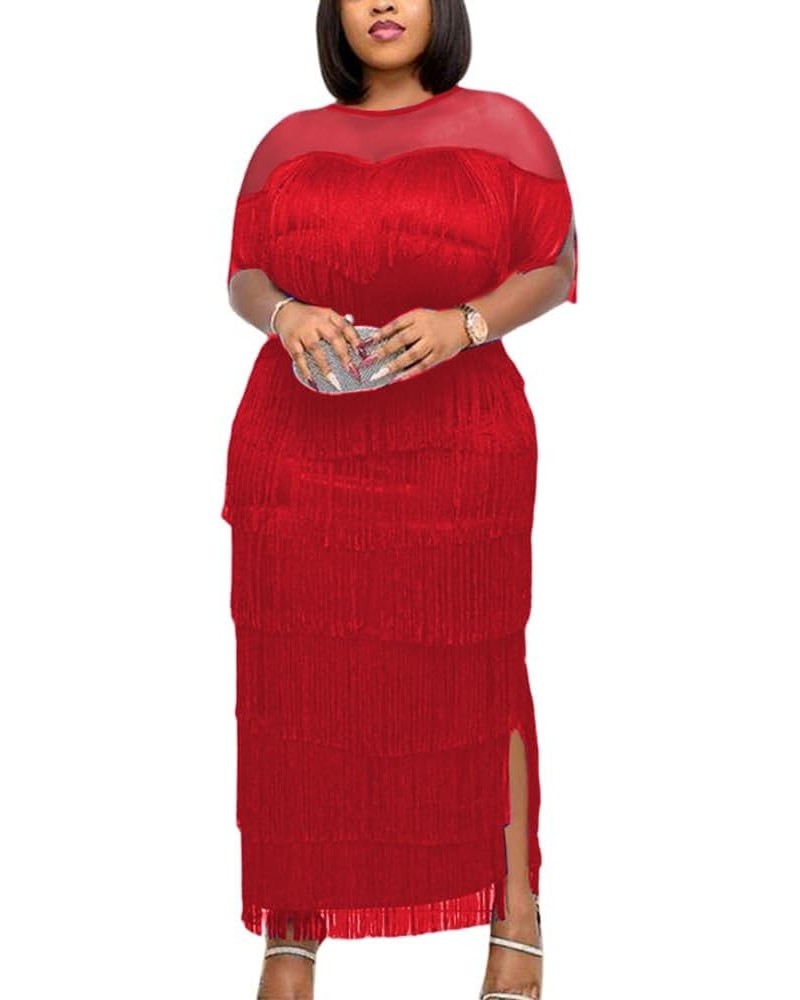 Women's Mesh See Through Crewneck Patchwork Tassel Tiered Fringe Long Dress Red $22.78 Dresses