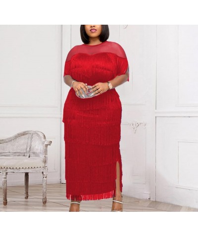 Women's Mesh See Through Crewneck Patchwork Tassel Tiered Fringe Long Dress Red $22.78 Dresses