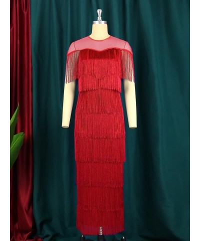 Women's Mesh See Through Crewneck Patchwork Tassel Tiered Fringe Long Dress Red $22.78 Dresses