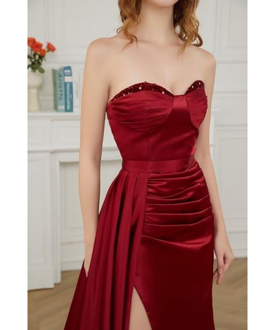 Strapless Satin Prom Dresses for Women Mermaid 2024 Long Sequin Ruched Formal Evening Gowns with Slit Peach $29.25 Dresses