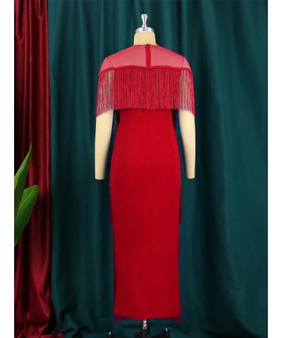 Women's Mesh See Through Crewneck Patchwork Tassel Tiered Fringe Long Dress Red $22.78 Dresses