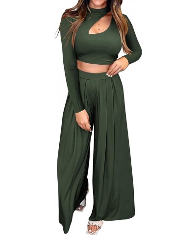 Women's 2 Piece Tracksuit Outfits Cutout Long Sleeve Crop Top Wide Leg Pant Ribbed Knit Sweatsuits Yoga Lounge Set Solid Army...