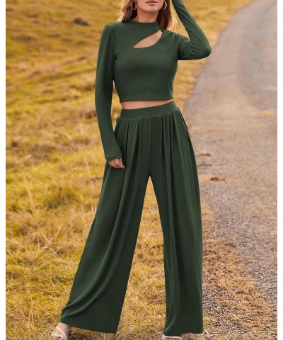 Women's 2 Piece Tracksuit Outfits Cutout Long Sleeve Crop Top Wide Leg Pant Ribbed Knit Sweatsuits Yoga Lounge Set Solid Army...