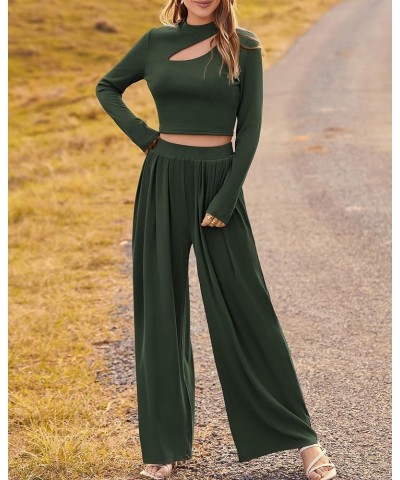 Women's 2 Piece Tracksuit Outfits Cutout Long Sleeve Crop Top Wide Leg Pant Ribbed Knit Sweatsuits Yoga Lounge Set Solid Army...