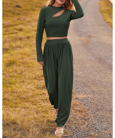 Women's 2 Piece Tracksuit Outfits Cutout Long Sleeve Crop Top Wide Leg Pant Ribbed Knit Sweatsuits Yoga Lounge Set Solid Army...