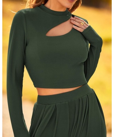 Women's 2 Piece Tracksuit Outfits Cutout Long Sleeve Crop Top Wide Leg Pant Ribbed Knit Sweatsuits Yoga Lounge Set Solid Army...