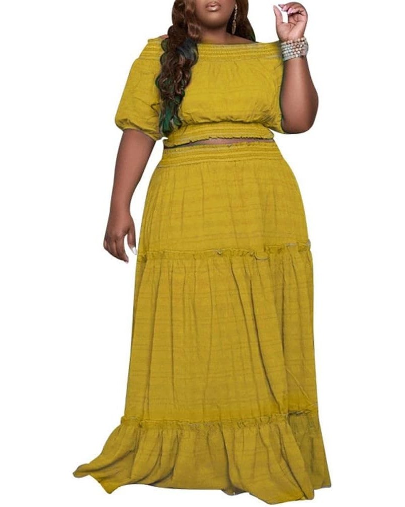 Women's Plus Size 2 Piece Outfits Off Shoulder Crop Top and Long Maxi Dress Set Yellow $23.21 Suits