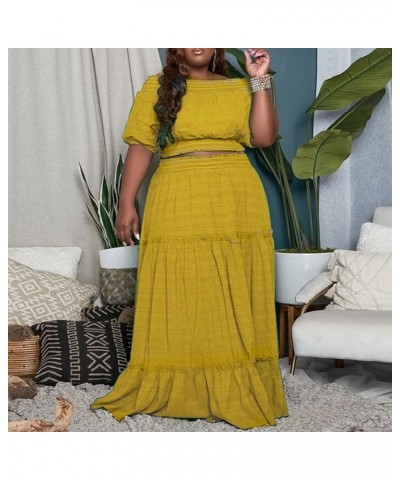 Women's Plus Size 2 Piece Outfits Off Shoulder Crop Top and Long Maxi Dress Set Yellow $23.21 Suits