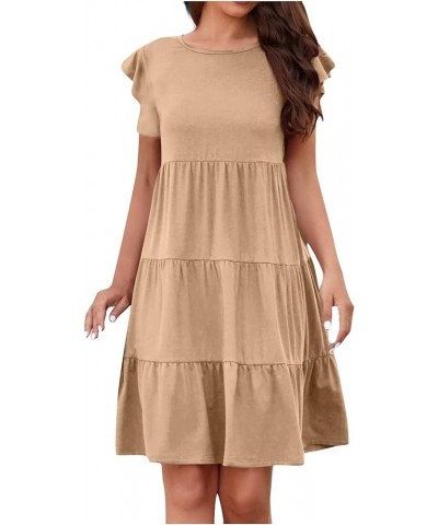 Summer Dress for Women Round Neck Tunic Ruffle Short Sleeve A-Line Tiered Babydoll Beach Dress Flowy Mini 1-khaki $7.19 Others