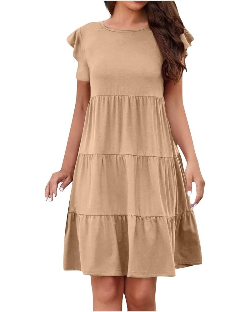 Summer Dress for Women Round Neck Tunic Ruffle Short Sleeve A-Line Tiered Babydoll Beach Dress Flowy Mini 1-khaki $7.19 Others