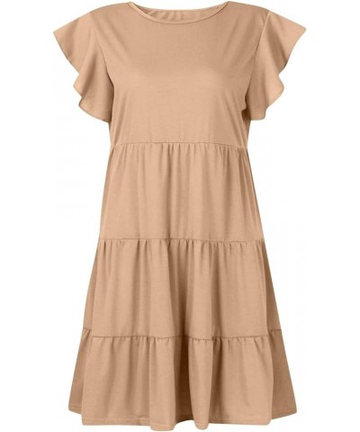 Summer Dress for Women Round Neck Tunic Ruffle Short Sleeve A-Line Tiered Babydoll Beach Dress Flowy Mini 1-khaki $7.19 Others