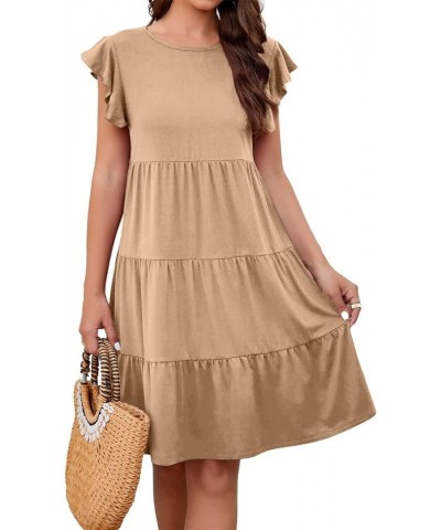 Summer Dress for Women Round Neck Tunic Ruffle Short Sleeve A-Line Tiered Babydoll Beach Dress Flowy Mini 1-khaki $7.19 Others