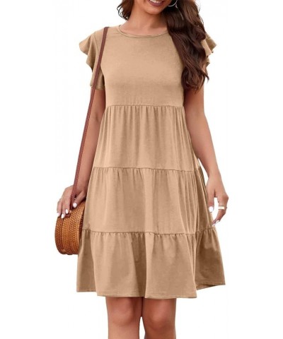 Summer Dress for Women Round Neck Tunic Ruffle Short Sleeve A-Line Tiered Babydoll Beach Dress Flowy Mini 1-khaki $7.19 Others