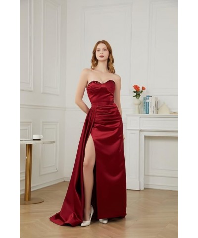 Strapless Satin Prom Dresses for Women Mermaid 2024 Long Sequin Ruched Formal Evening Gowns with Slit Peach $29.25 Dresses